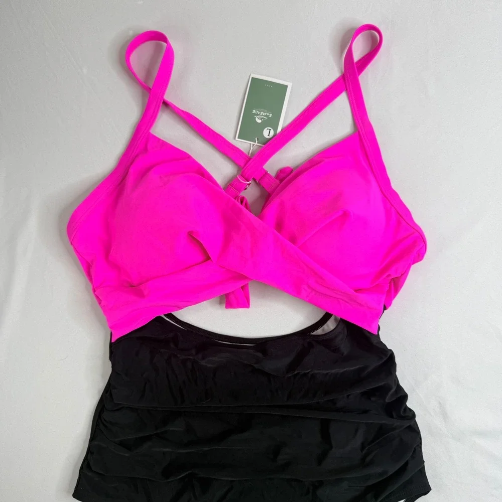 Tummy Control Slimming Pink and Black Cutout One Piece Swimsuit Ruched Large NWT